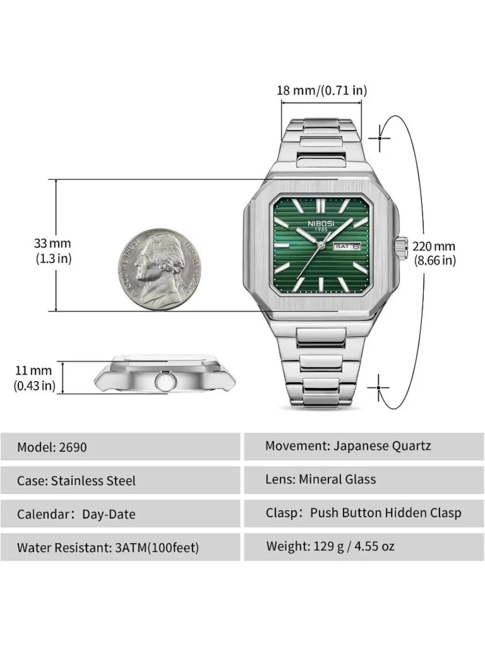 Nibosi Men's Silver Green Analog Quartz Stainless Steel Waterproof Square Watch